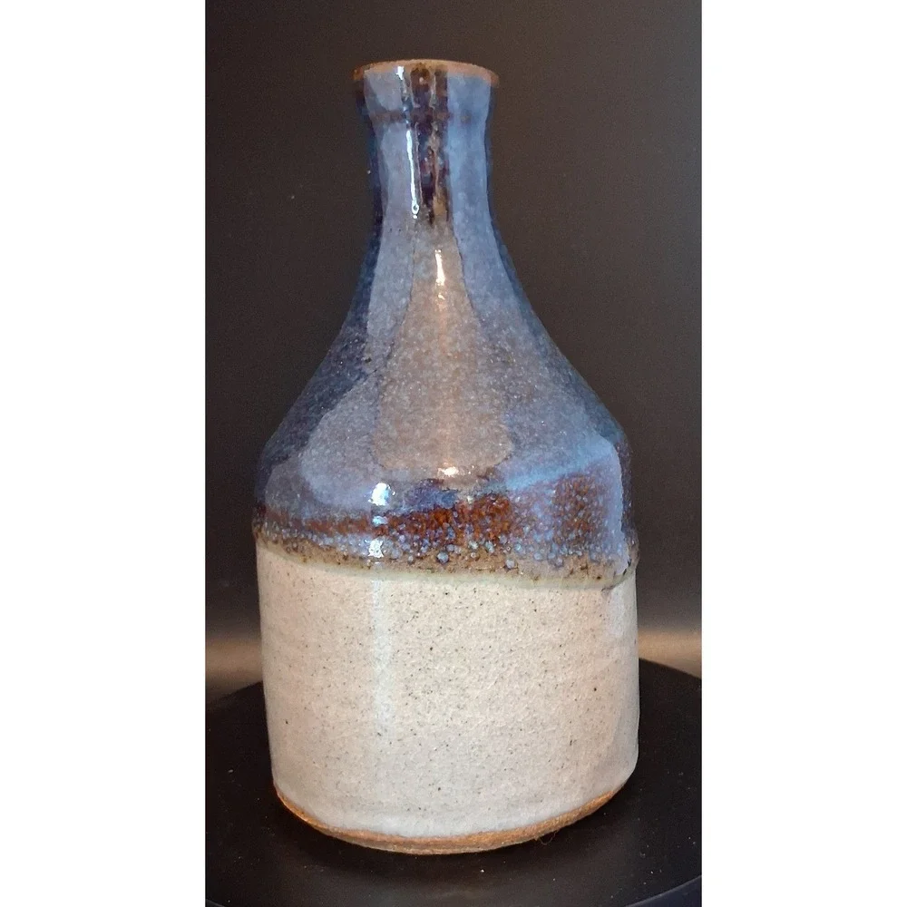 Signed Studio Pottery Vase Blue Beige Two Tone Glazed Bottle 7 Inch